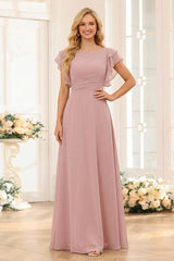A-Line/Princess Scoop Short Sleeves Floor-Length Bridesmaid Dresses with Ruffles & Ruched