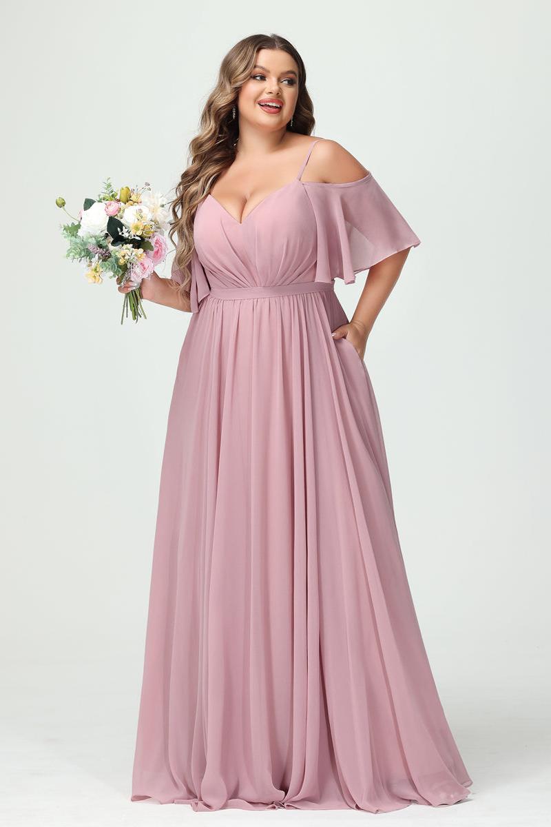A-Line/Princess Spaghetti Straps Half Sleeves Chiffon Plus Size Bridesmaid Dresses with Pockets