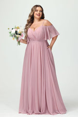 A-Line/Princess Spaghetti Straps Half Sleeves Chiffon Plus Size Bridesmaid Dresses with Pockets