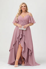 A-Line/Princess Spaghetti Straps Half Sleeves V-Neck Plus Size Bridesmaid Dresses With Ruffles