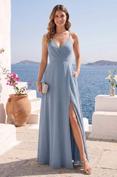 A-Line/Princess Spaghetti Straps Long Bridesmaid Dresses with Split Side & Pockets