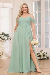 A-Line/Princess Spaghetti Straps Long Plus Size Wedding Party Dresses with Split Side & Pockets