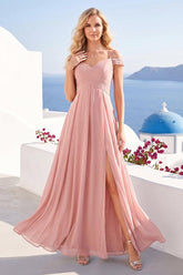 A-Line/Princess Spaghetti Straps Long Wedding Party Dresses with Split Side & Pockets