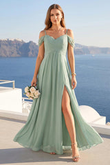 A-Line/Princess Spaghetti Straps Long Wedding Party Dresses with Split Side & Pockets
