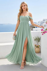 A-Line/Princess Spaghetti Straps Off-The-Shoulder Long Bridesmaid Dresses With Split Side
