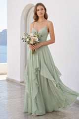 A-Line/Princess Spaghetti Straps Sleeveless Floor-Length Long Bridesmaid Dresses with Ruffles