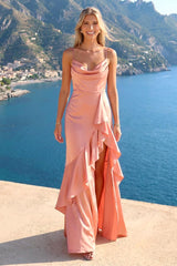 A-Line/Princess Spaghetti Straps Sleeveless Long Bridesmaid Dresses with Split Side & Ruffles