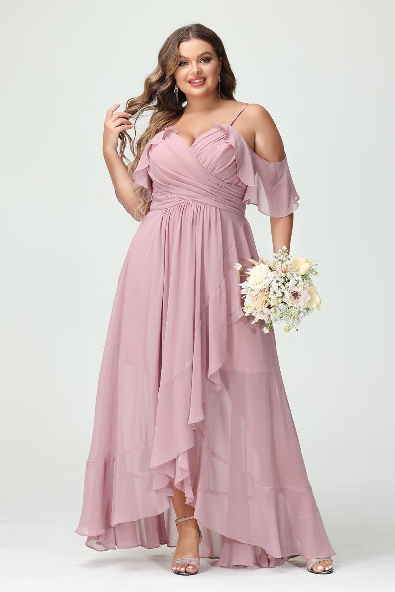 A-Line/Princess Spaghetti Straps V-Neck Short Sleeves Chiffon Ruffles Asymmetrical Plus Size Bridesmaid Dresses
