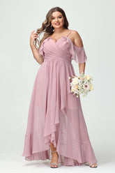 A-Line/Princess Spaghetti Straps V-Neck Short Sleeves Chiffon Ruffles Asymmetrical Plus Size Bridesmaid Dresses