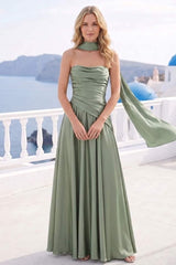 A-Line/Princess Strapless Sleeveless Floor-Length Bridesmaid Dresses with Scarf & Ruched