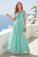 A-Line/Princess Tulle Long Bridesmaid Dresses with Sleeves