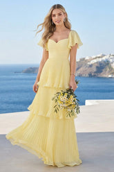 A-Line/Princess V-Neck Flutter Sleeves Floor-Length Bridesmaid Dresses With Pleats & Bowknot