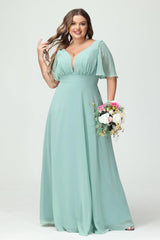 A-Line/Princess V-Neck Half Sleeves Chiffon Plus Size Bridesmaid Dresses with Pockets