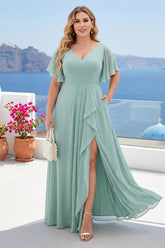 A-Line/Princess V-Neck Half Sleeves Chiffon Ruffles Plus Size Bridesmaid Dresses with Split Side
