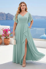 A-Line/Princess V-Neck Half Sleeves Chiffon Ruffles Plus Size Bridesmaid Dresses with Split Side