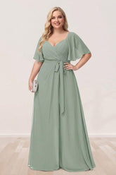 A-Line/Princess V-Neck Half Sleeves Plus Size Bridesmaid Dresses with Split Side