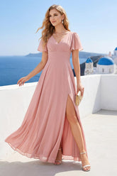 A-Line/Princess V-Neck Long Bridesmaid Dresses with Split Side