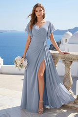 A-Line/Princess V-Neck Long Bridesmaid Dresses with Split Side