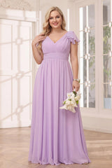 A-Line/Princess V-Neck Long Plus Size Bridesmaid Dresses with Ruffles