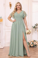 A-Line/Princess V-Neck Long Plus Size Wedding Party Dresses with Split Side & Pockets