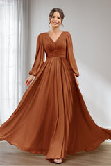 A-Line/Princess V-Neck Long Sleeves Chiffon Long Bridesmaid Dresses With Pockets