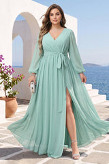 A-Line/Princess V-Neck Long Sleeves Chiffon Plus Size Bridesmaid Dresses with Pockets