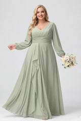 A-Line/Princess V-Neck Long Sleeves Chiffon Ruffles Plus Size Bridesmaid Dresses with Pockets
