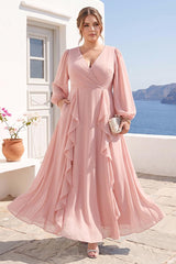 A-Line/Princess V-Neck Long Sleeves Chiffon Tea-Length Ruffles Plus Size Bridesmaid Dresses with Pockets
