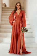 A-Line/Princess V-Neck Long Sleeves Floor Length Bridesmaid Dresses with Split Side