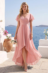 A-Line/Princess V-Neck Long Wedding Party Dresses with Ruffles