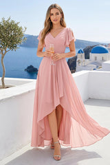 A-Line/Princess V-Neck Long Wedding Party Dresses with Ruffles