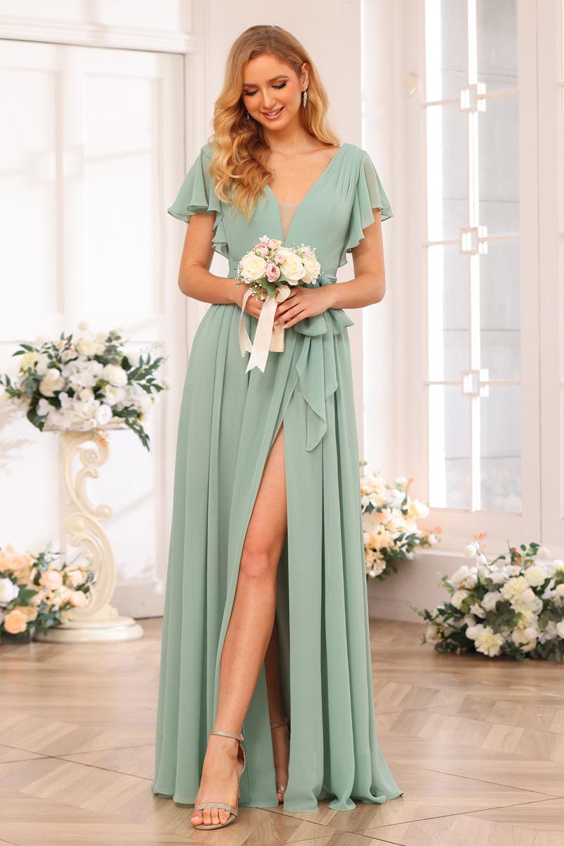 A-Line/Princess V-Neck Long Wedding Party Dresses with Split Side & Sash