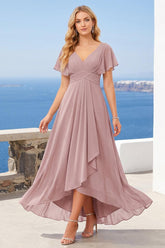 A-Line/Princess V-Neck Short Sleeves Asymmetrical Chiffon Bridesmaid Dresses with Ruffles & Ruched