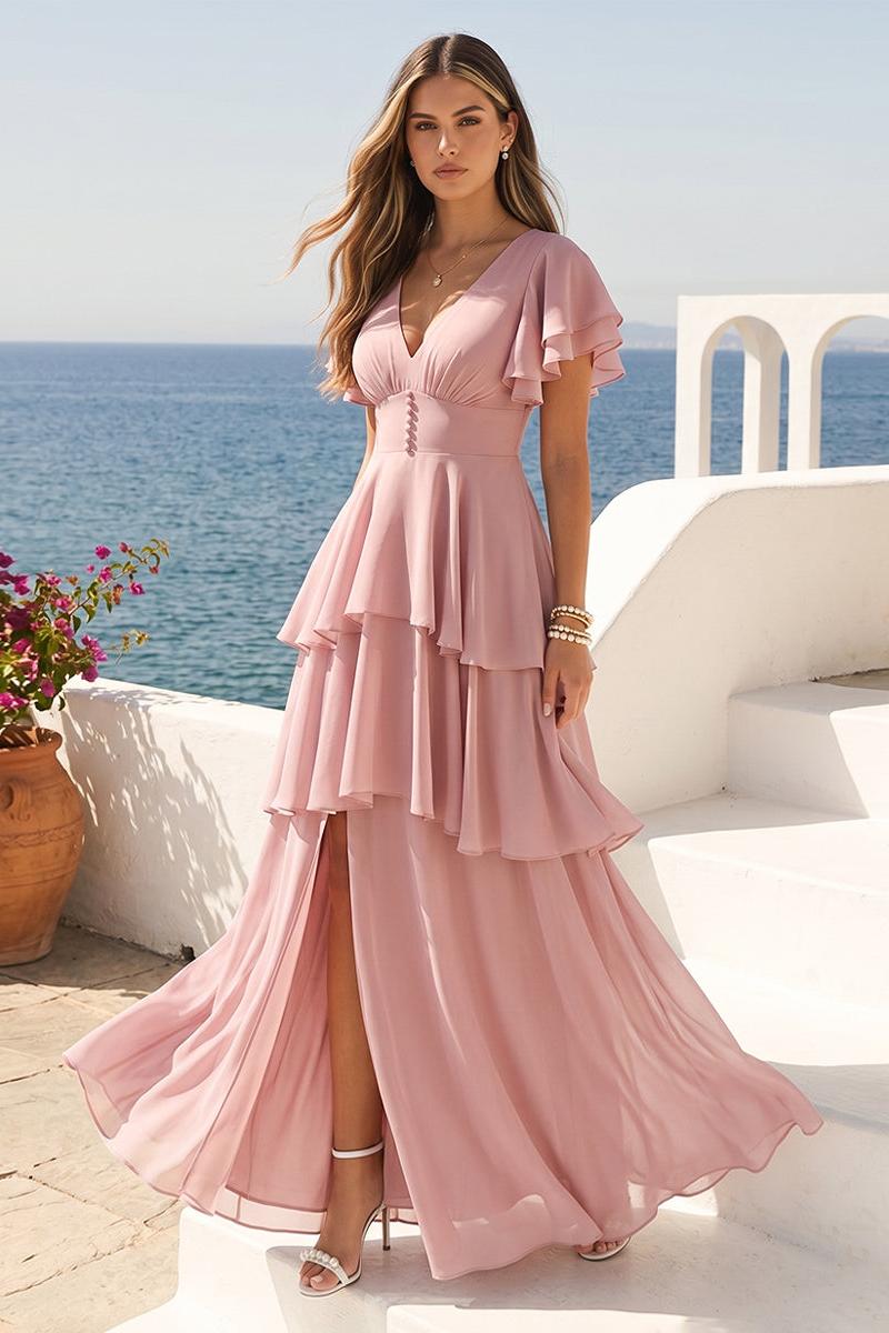 A-Line/Princess V-Neck Short Sleeves Bridesmaid Dresses With Cascading Ruffles & Split Side