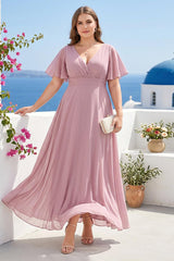 A-Line/Princess V-Neck Short Sleeves Chiffon Plus Size Bridesmaid Dresses with Pockets