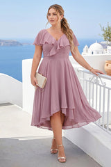 A-Line/Princess V-Neck Short Sleeves Chiffon Ruffles High-Low Plus Size Bridesmaid Dresses with Pockets