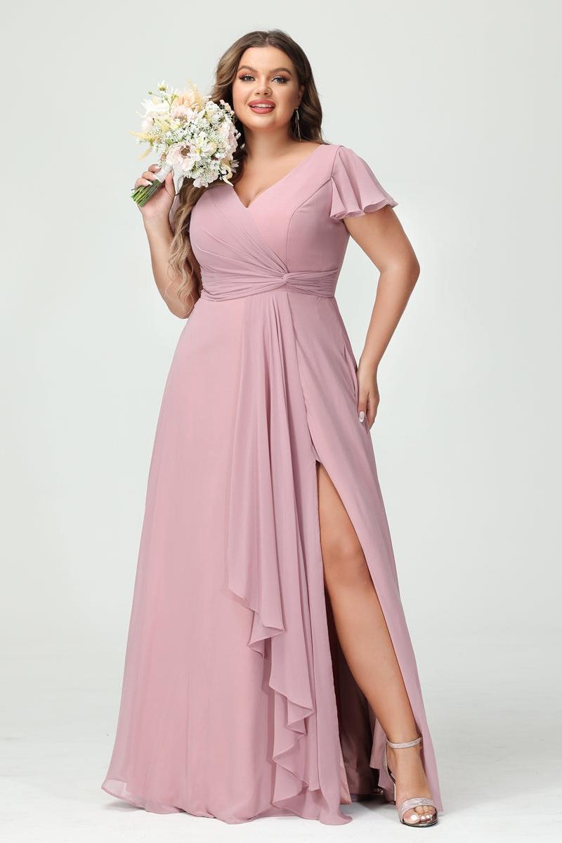 A-Line/Princess V-Neck Short Sleeves Chiffon Ruffles Split Side Plus Size Bridesmaid Dresses with Pockets