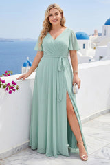 A-Line/Princess V-Neck Short Sleeves Chiffon Split Side Plus Size Bridesmaid Dresses with Pockets Belt