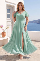 A-Line/Princess V-Neck Short Sleeves Chiffon Split Side Plus Size Bridesmaid Dresses with Pockets