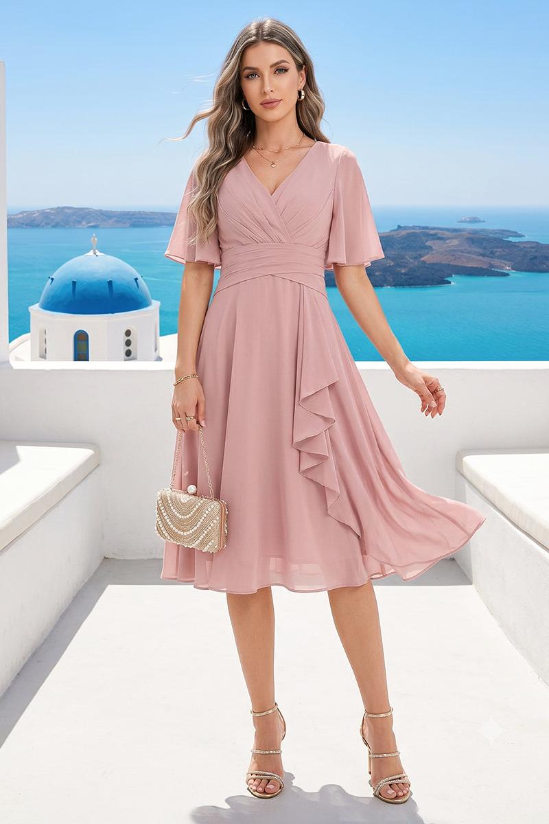 A-Line/Princess V-Neck Short Sleeves Knee-Length Bridesmaid Dresses with Ruffles