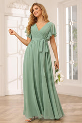 A-Line/Princess V-Neck Short Sleeves Long Bridesmaid Dresses with Sash