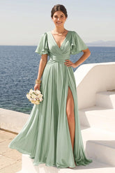 A-Line/Princess V-Neck Short Sleeves Long Bridesmaid Dresses with Split Side