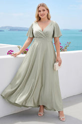 A-Line/Princess V-Neck Short Sleeves Silk Satin Plus Size Bridesmaid Dresses with Pockets
