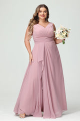 A-Line/Princess V-Neck Sleeveless Chiffon Ruffles Plus Size Bridesmaid Dresses with Pockets