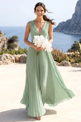 A-Line/Princess V-Neck Sleeveless Floor-Length Bridesmaid Dresses With Pleats