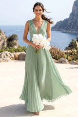 A-Line/Princess V-Neck Sleeveless Floor-Length Bridesmaid Dresses With Pleats