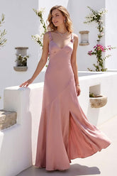 A-Line/Princess V-Neck Sleeveless Floor-Length Bridesmaid Dresses With Ruffles & Split Side