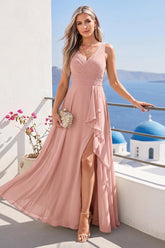A-Line/Princess V-Neck Sleeveless Ruched Long Chiffon Bridesmaid Dresses With Side Slit & Ruffles