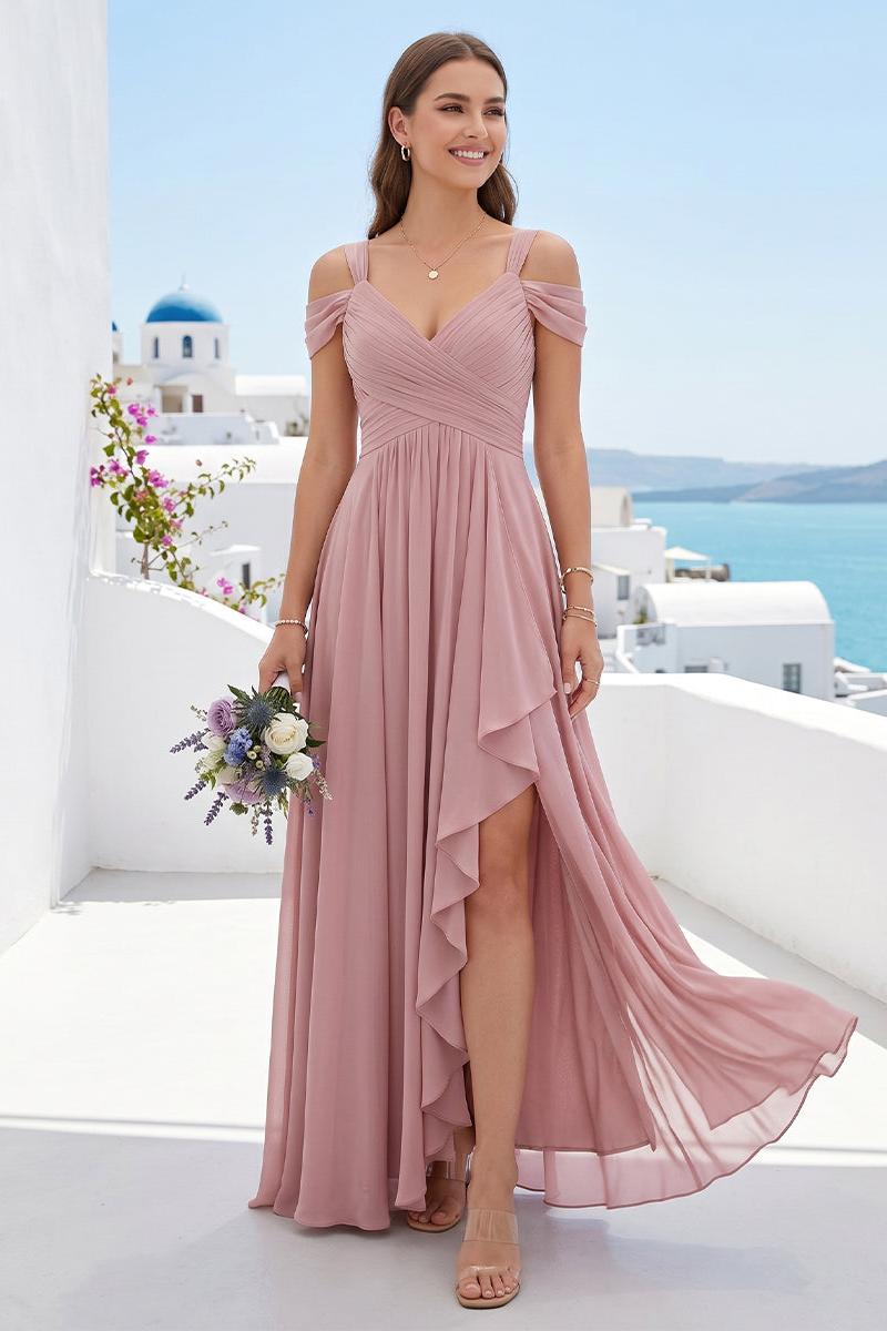 A-Line/Princess V-Neck Split Side Floor-Length Chiffon Bridesmaid Dresses With Ruffles