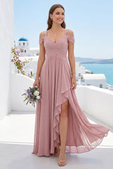 A-Line/Princess V-Neck Split Side Floor-Length Chiffon Bridesmaid Dresses With Ruffles
